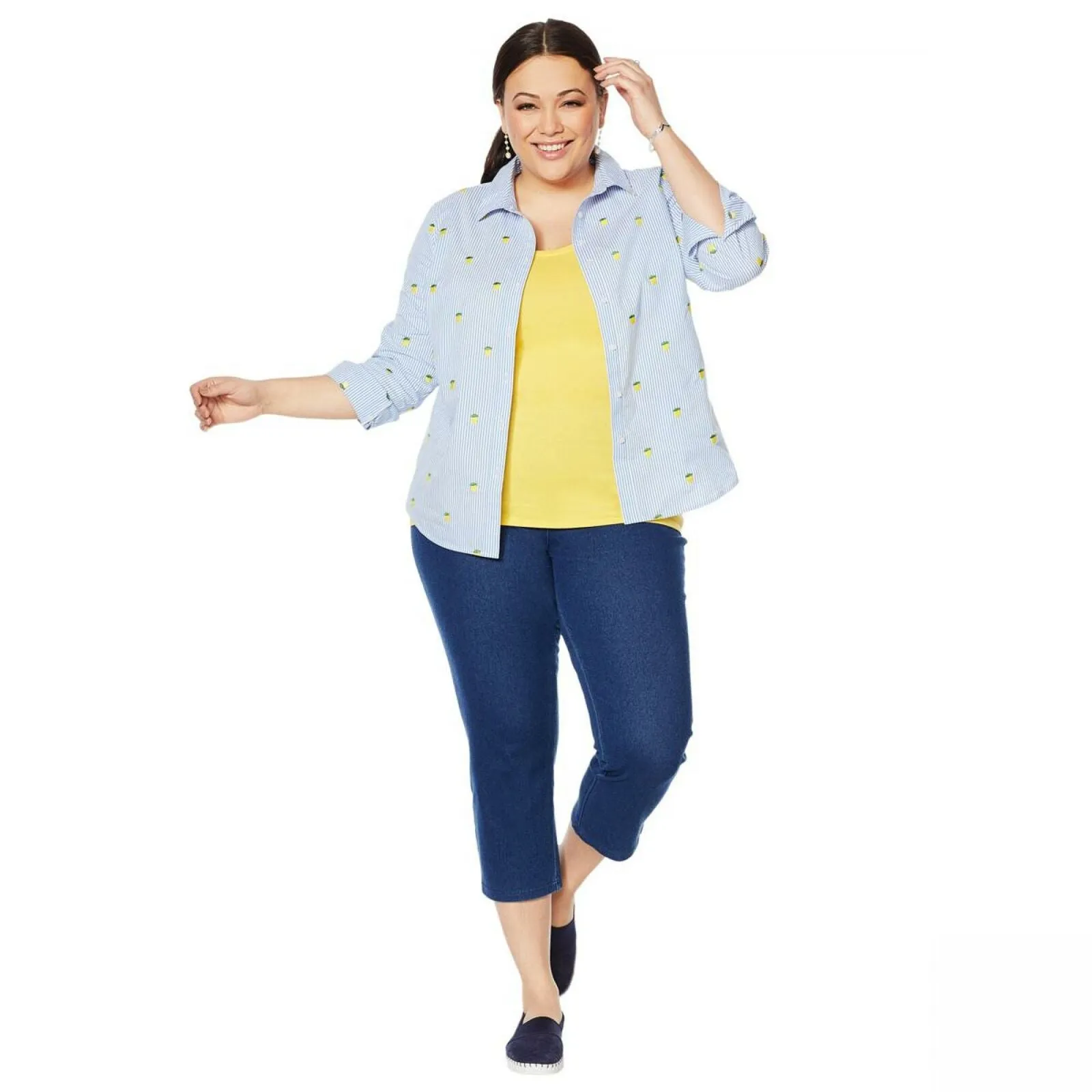 Lemon Way Women's Plus Size 365 Poplin Stretch Embroidered Button Down Shirt