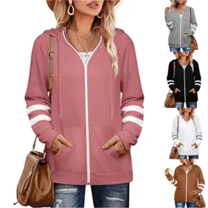 Lightweight Hoodie with Zippered Closure and Striped Sleeves