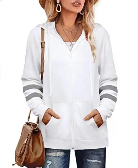 Lightweight Hoodie with Zippered Closure and Striped Sleeves