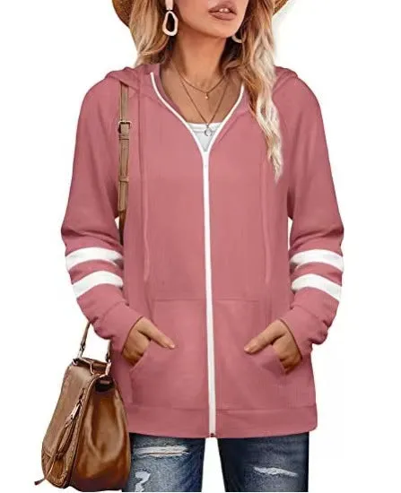 Lightweight Hoodie with Zippered Closure and Striped Sleeves