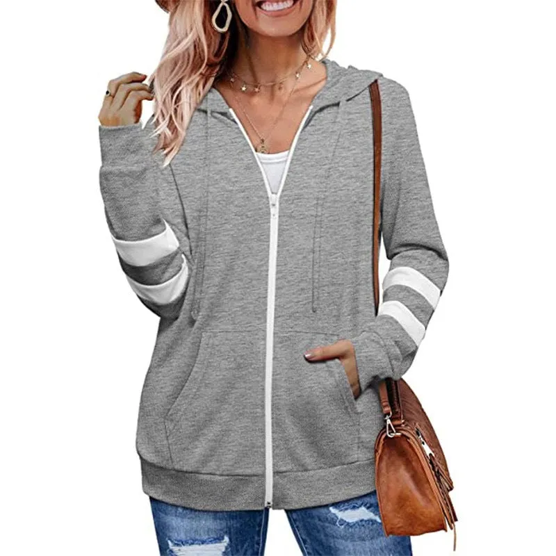 Lightweight Hoodie with Zippered Closure and Striped Sleeves