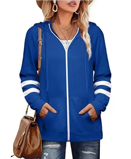 Lightweight Hoodie with Zippered Closure and Striped Sleeves