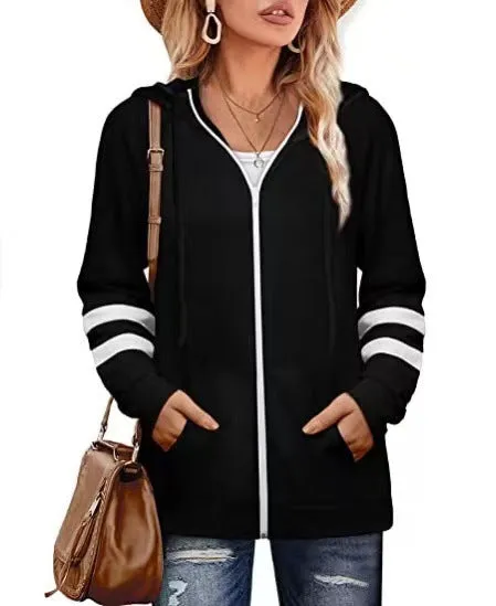 Lightweight Hoodie with Zippered Closure and Striped Sleeves