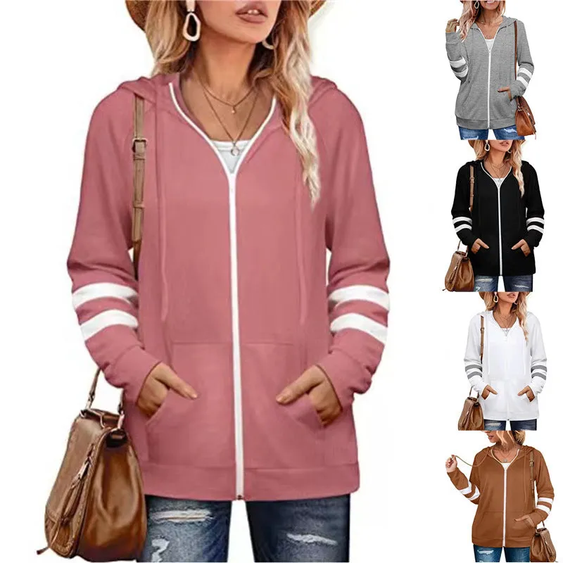 Lightweight Hoodie with Zippered Closure and Striped Sleeves