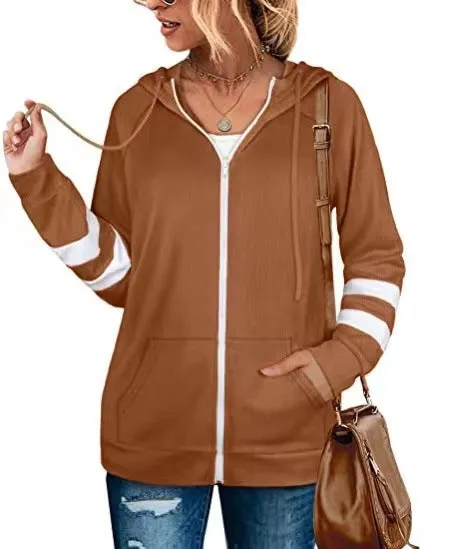 Lightweight Hoodie with Zippered Closure and Striped Sleeves