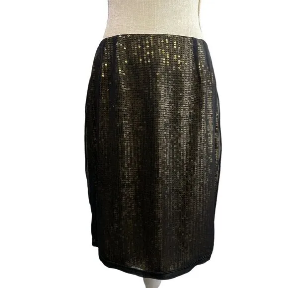 Linda Allard Ellen Tracy Black Sheer Silk Overlay Gold Sequin Skirt Size 12 NWT