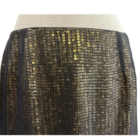 Linda Allard Ellen Tracy Black Sheer Silk Overlay Gold Sequin Skirt Size 12 NWT