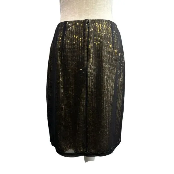 Linda Allard Ellen Tracy Black Sheer Silk Overlay Gold Sequin Skirt Size 12 NWT