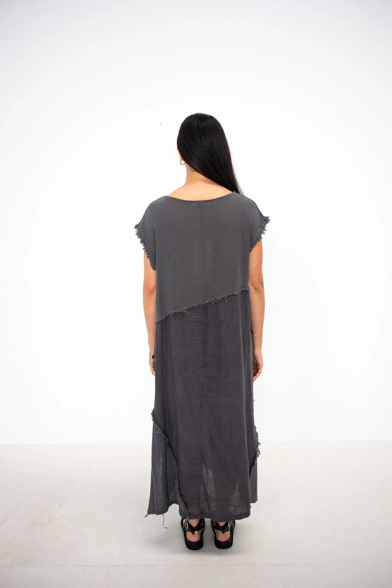 Linen Fringe Detail Dress - Charcoal
