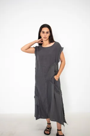 Linen Fringe Detail Dress - Charcoal
