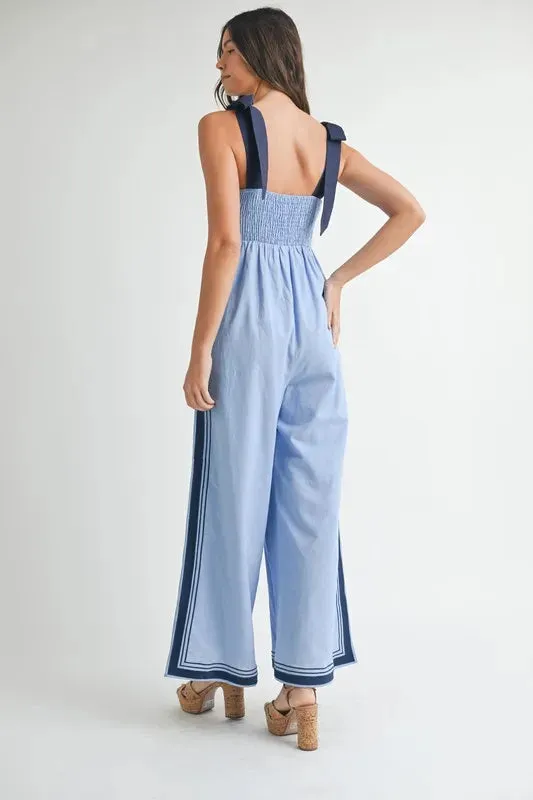 Linen Mix Chevron Sail Shoulder Strap Jumpsuit