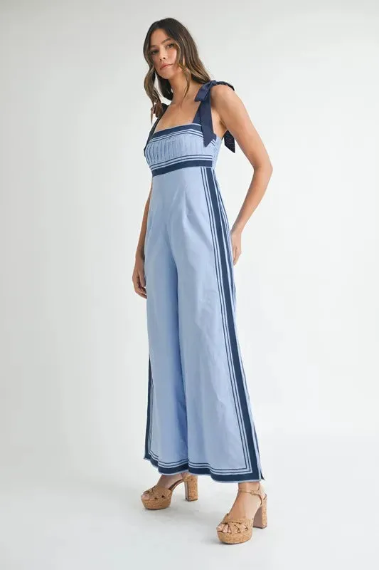 Linen Mix Chevron Sail Shoulder Strap Jumpsuit