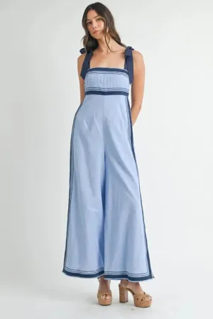 Linen Mix Chevron Sail Shoulder Strap Jumpsuit