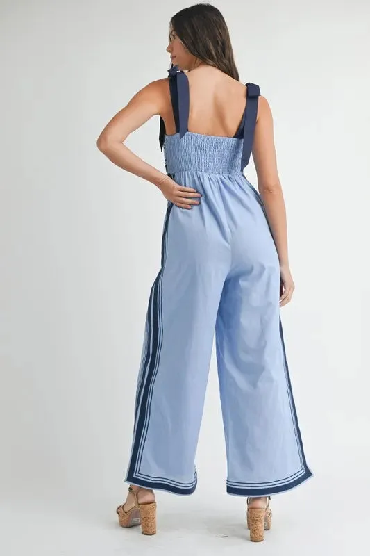 Linen Mix Chevron Sail Shoulder Strap Jumpsuit