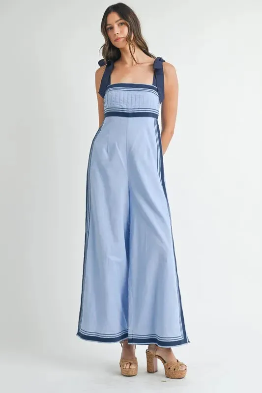 Linen Mix Chevron Sail Shoulder Strap Jumpsuit