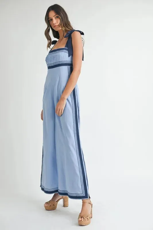 Linen Mix Chevron Sail Shoulder Strap Jumpsuit