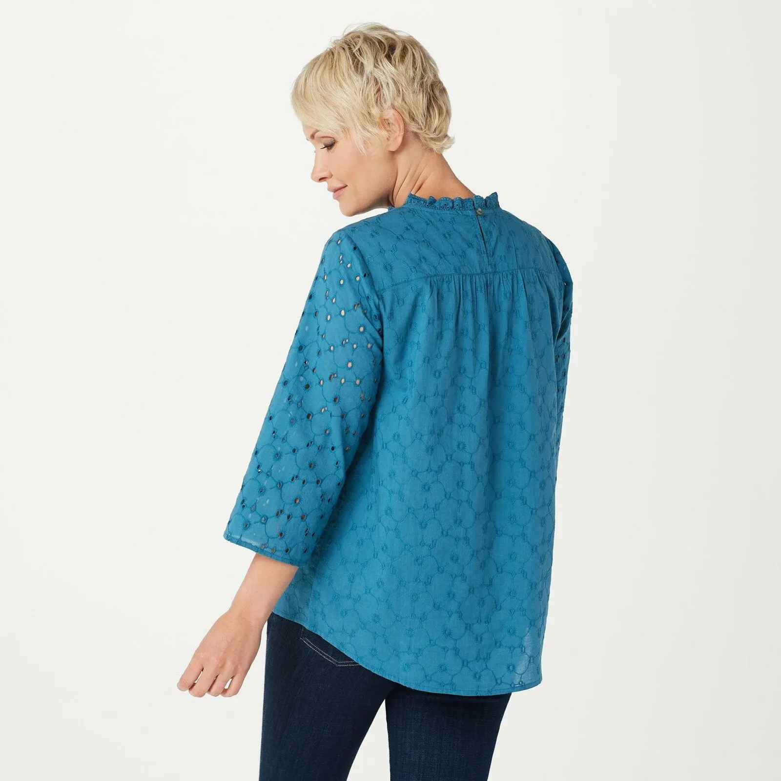 LOGO by Lori Goldstein Eyelet Woven Blouse With Ruffle Detail