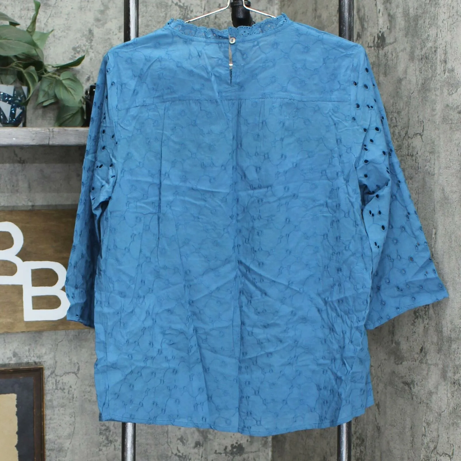 LOGO by Lori Goldstein Eyelet Woven Blouse With Ruffle Detail