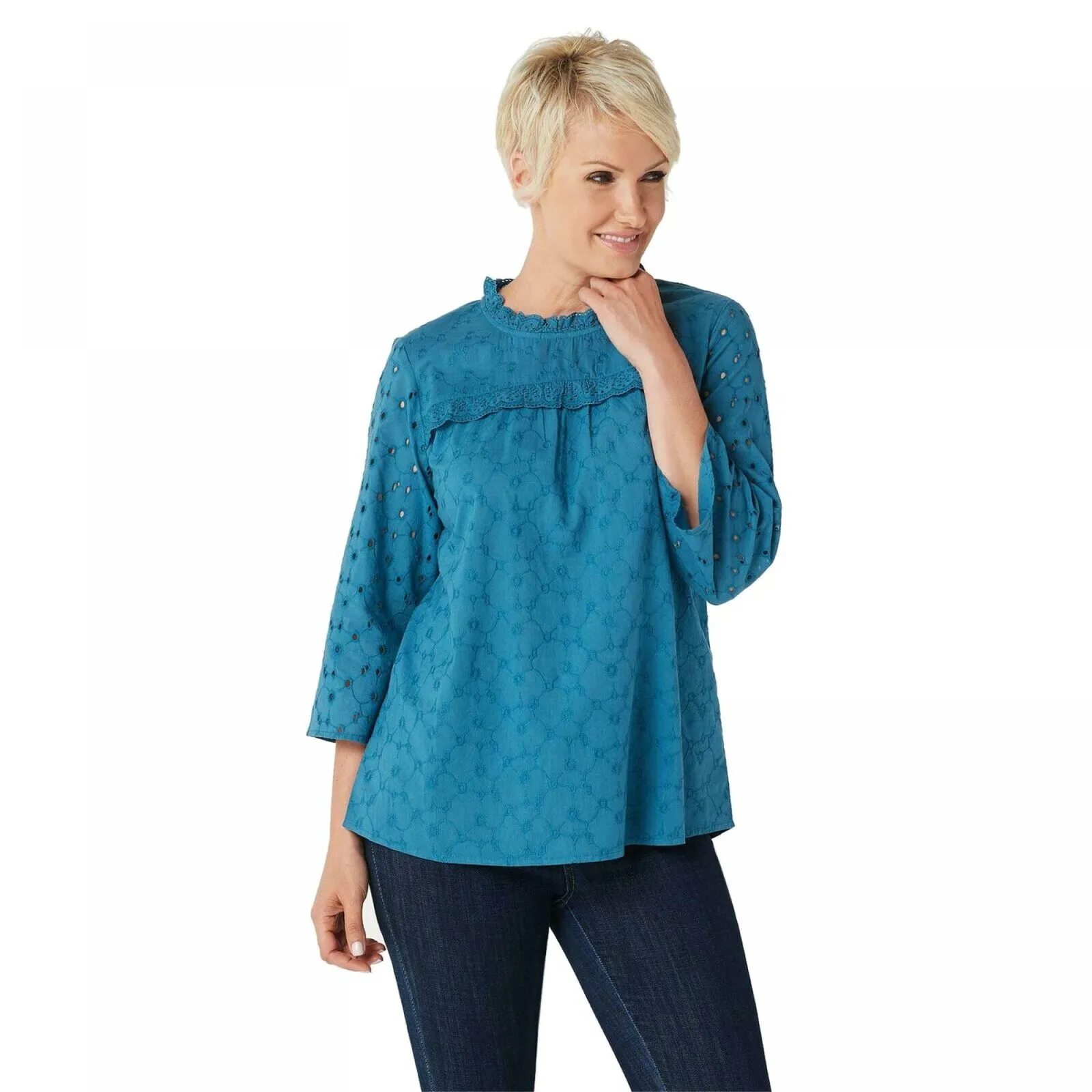 LOGO by Lori Goldstein Eyelet Woven Blouse With Ruffle Detail