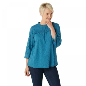 LOGO by Lori Goldstein Eyelet Woven Blouse With Ruffle Detail