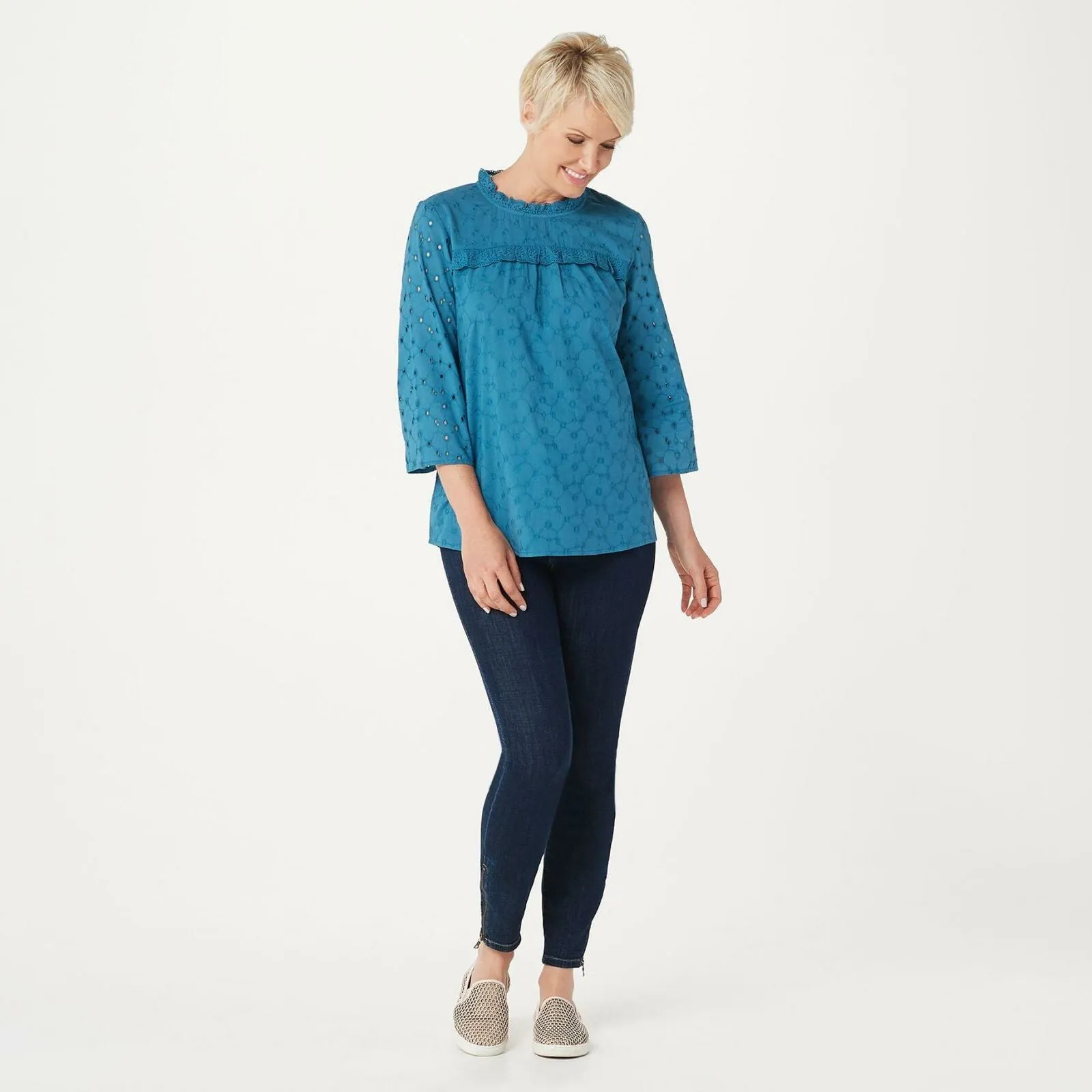 LOGO by Lori Goldstein Eyelet Woven Blouse With Ruffle Detail