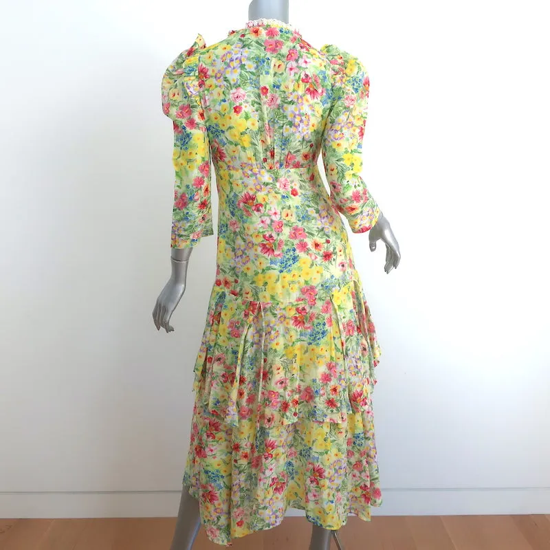 LoveShackFancy Puff Sleeve Asymmetric Midi Dress Floral Print Cotton-Silk Size 2