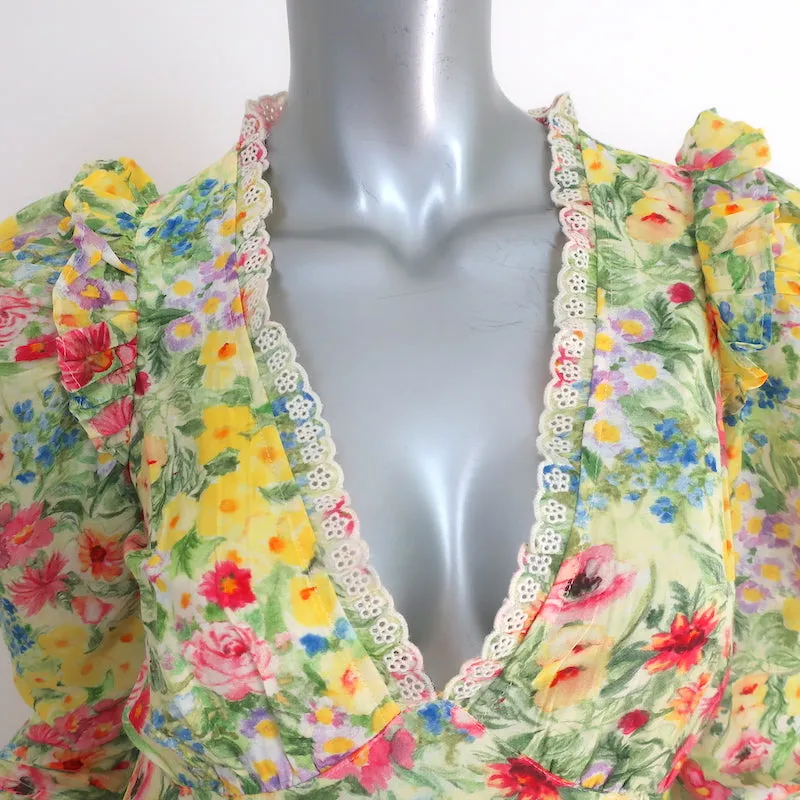 LoveShackFancy Puff Sleeve Asymmetric Midi Dress Floral Print Cotton-Silk Size 2
