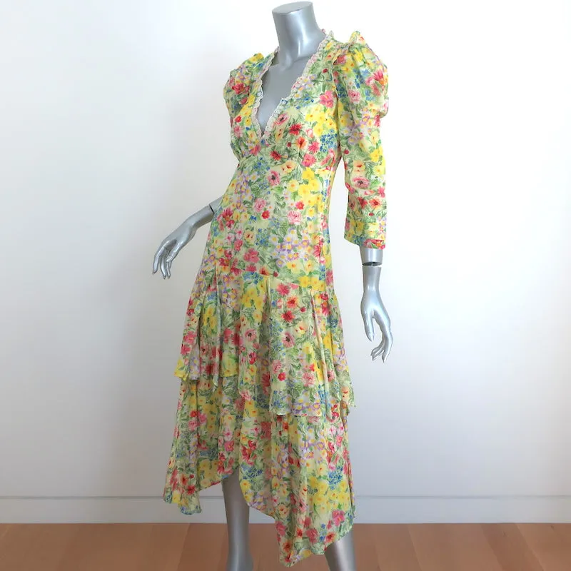 LoveShackFancy Puff Sleeve Asymmetric Midi Dress Floral Print Cotton-Silk Size 2