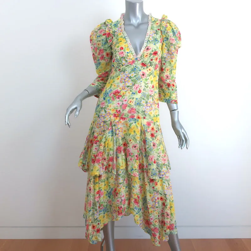 LoveShackFancy Puff Sleeve Asymmetric Midi Dress Floral Print Cotton-Silk Size 2