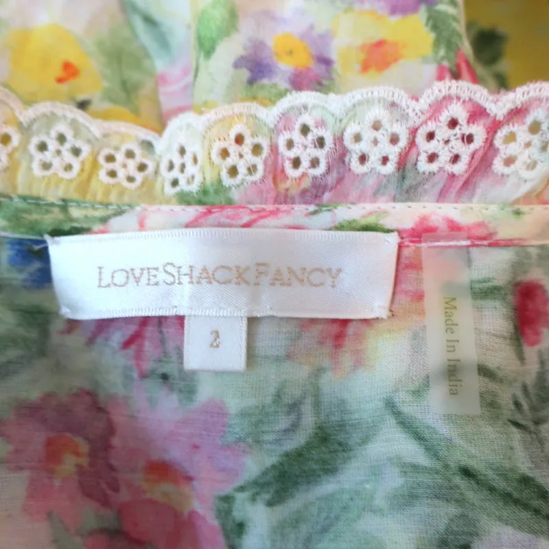 LoveShackFancy Puff Sleeve Asymmetric Midi Dress Floral Print Cotton-Silk Size 2