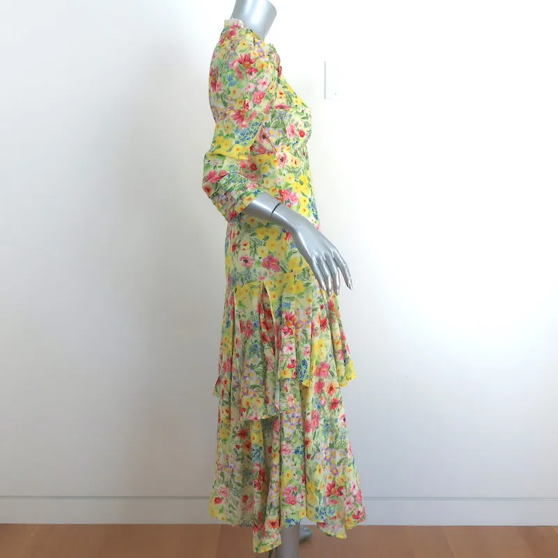LoveShackFancy Puff Sleeve Asymmetric Midi Dress Floral Print Cotton-Silk Size 2