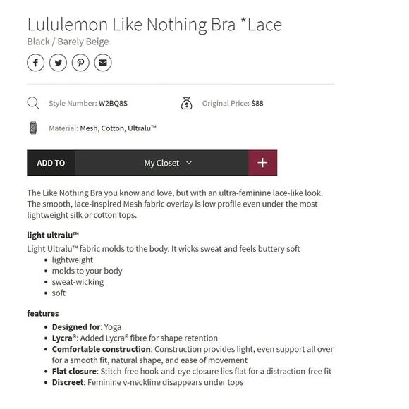 Lululemon Black Beige Like Nothing Lace Bra 32D