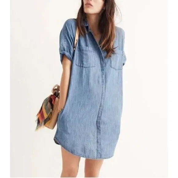 Madewell Womens XXS Courier Denim Shirtdress Lauryn Wash Pockets Short Sleeve