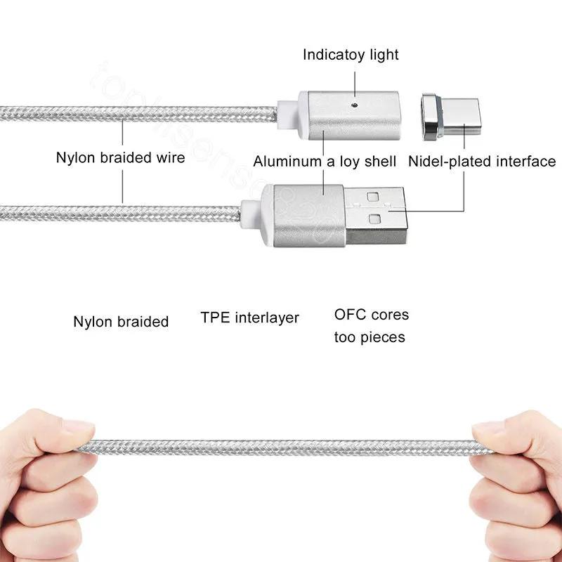 Magnetic Cable 2.4A USB Type C Data Charger 1M Nylon Metal Fast Charging Magnet Cable For Samsung Xiaomi Huawei Android Mobile Phone Rose gold