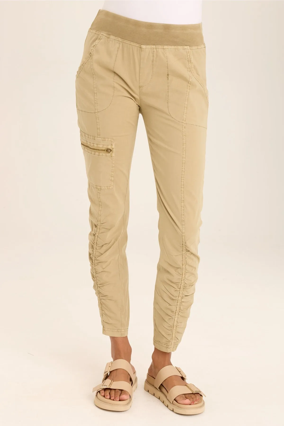 Malanda Zip-Pocket Poplin/Jersey Ruched Legging