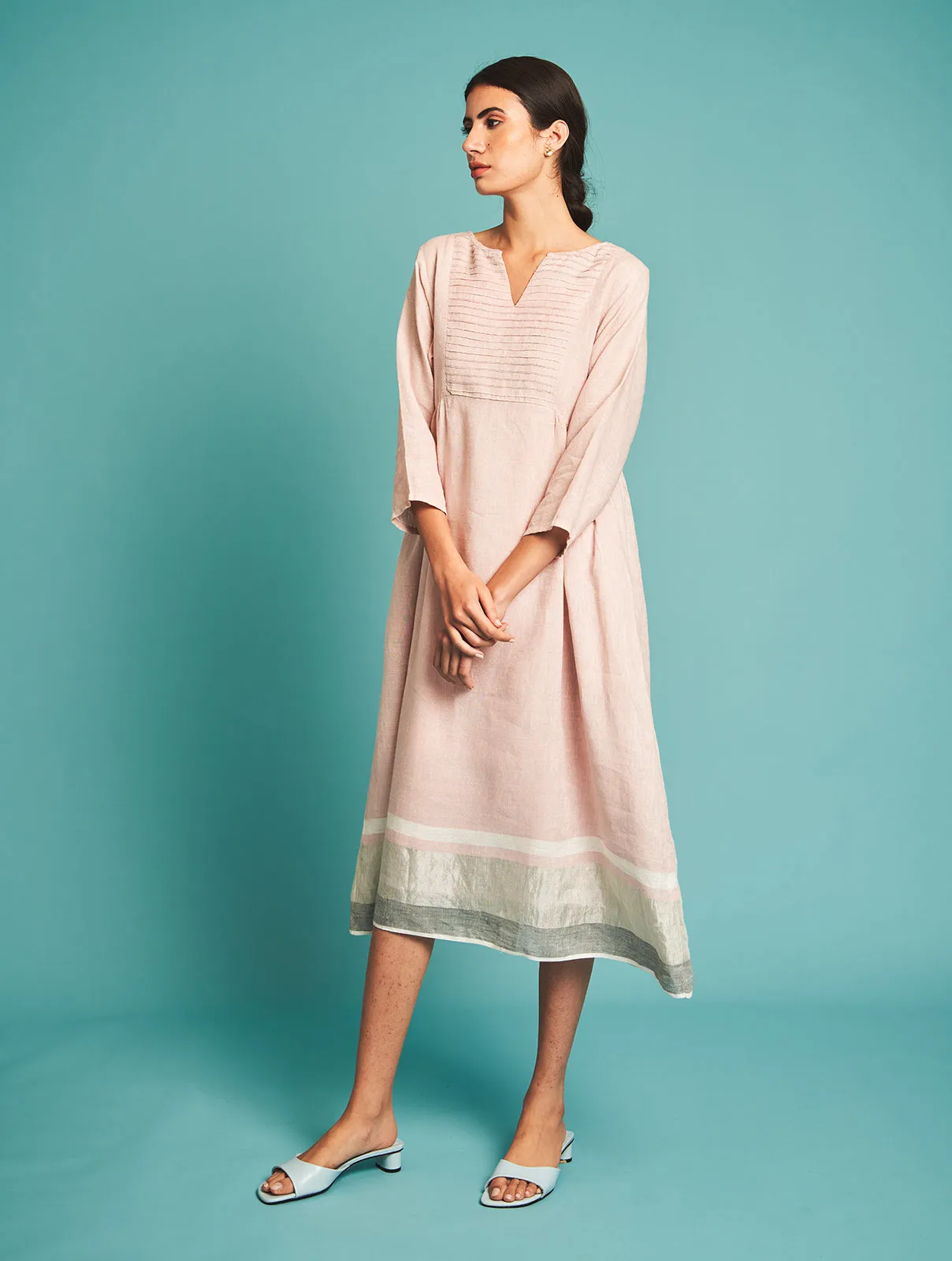 Manan   I   Ren Pintucked Linen Dress - Blush  Border Collection