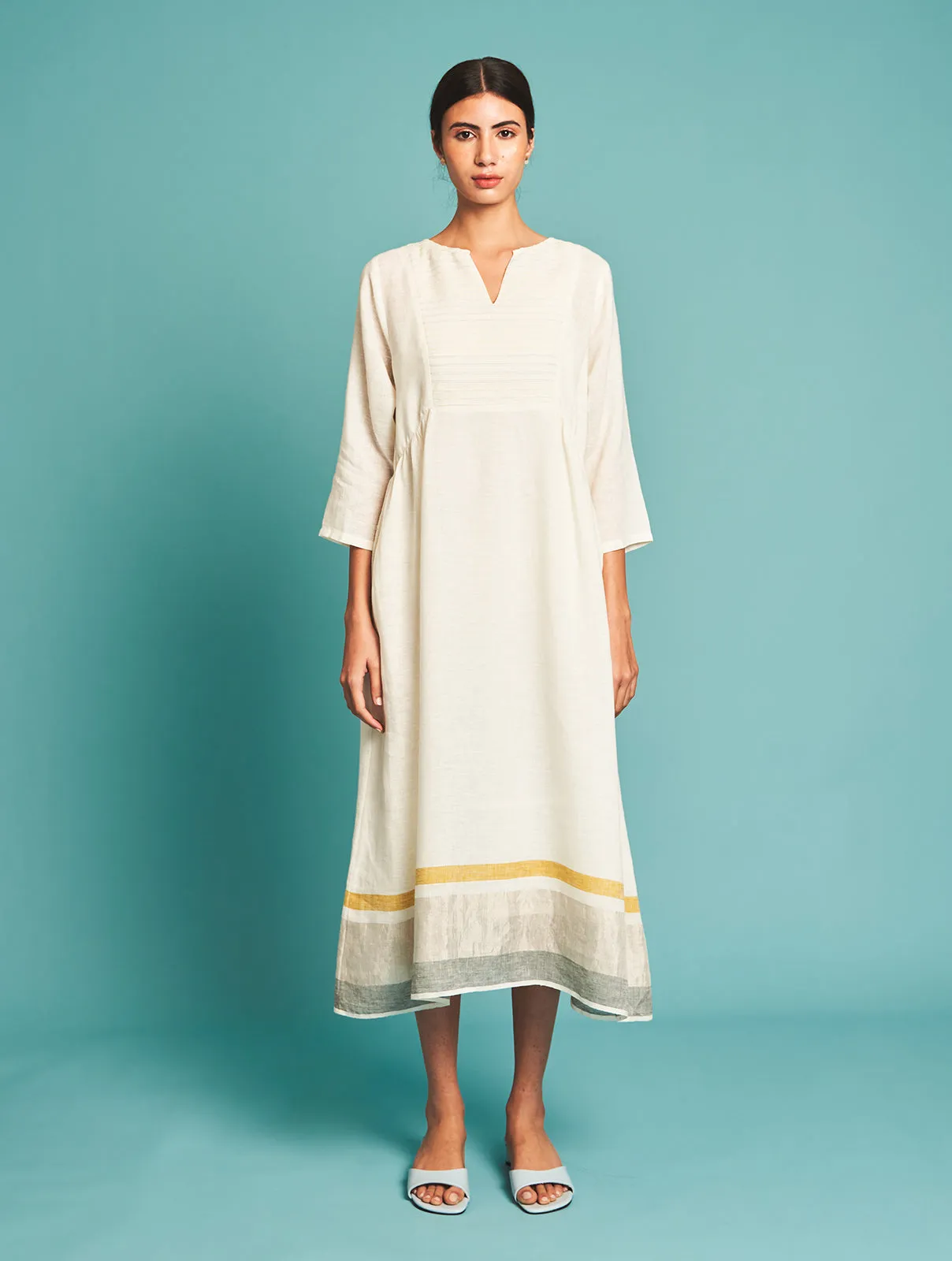 Manan   I   Ren Pintucked Linen Dress - Ivory   Border Collection