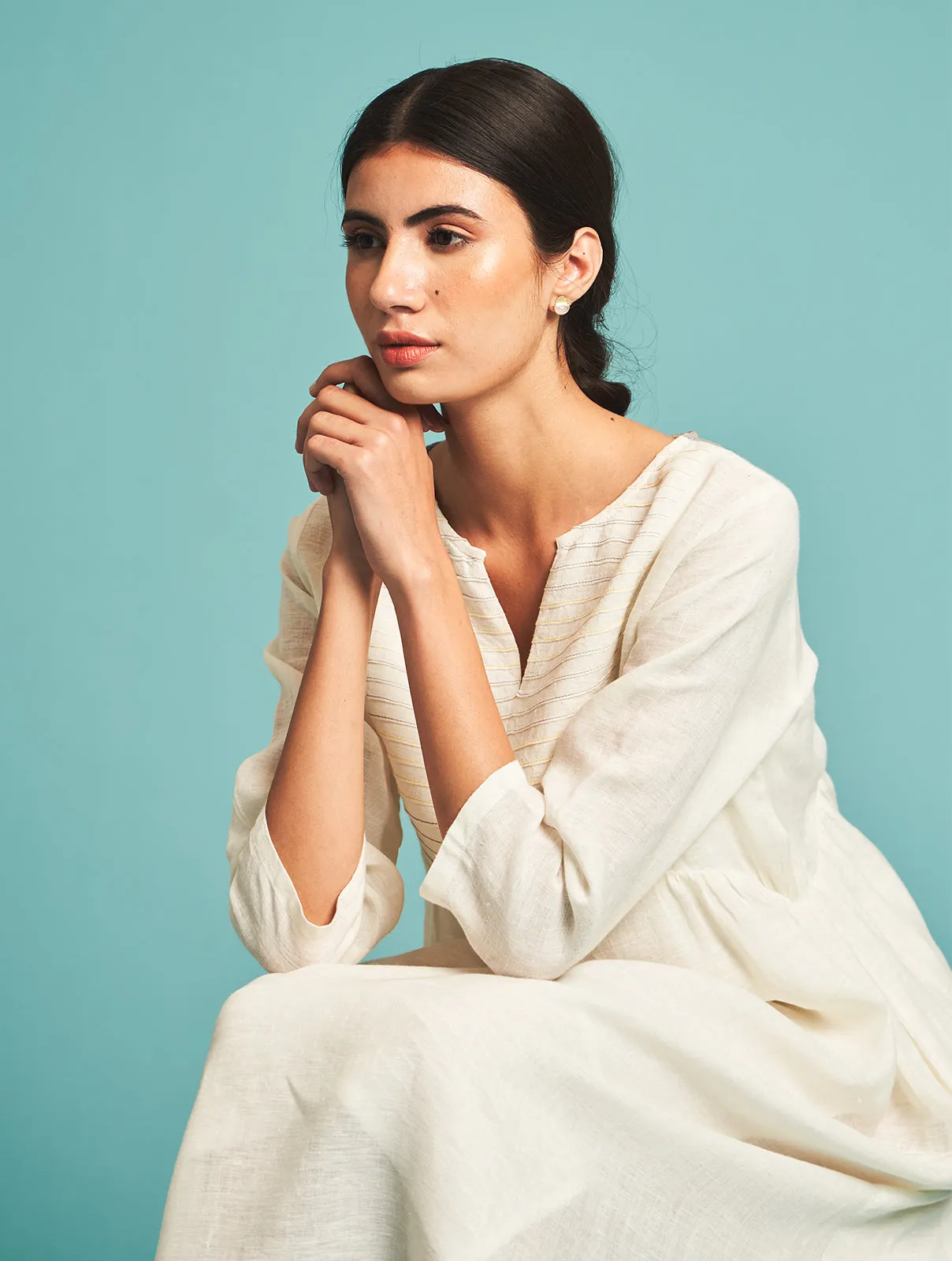 Manan   I   Ren Pintucked Linen Dress - Ivory   Border Collection