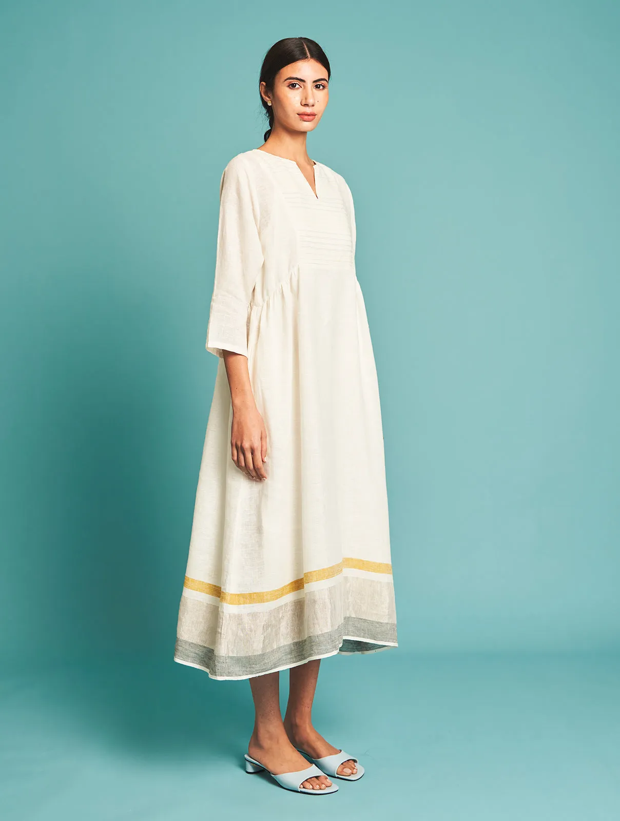 Manan   I   Ren Pintucked Linen Dress - Ivory   Border Collection