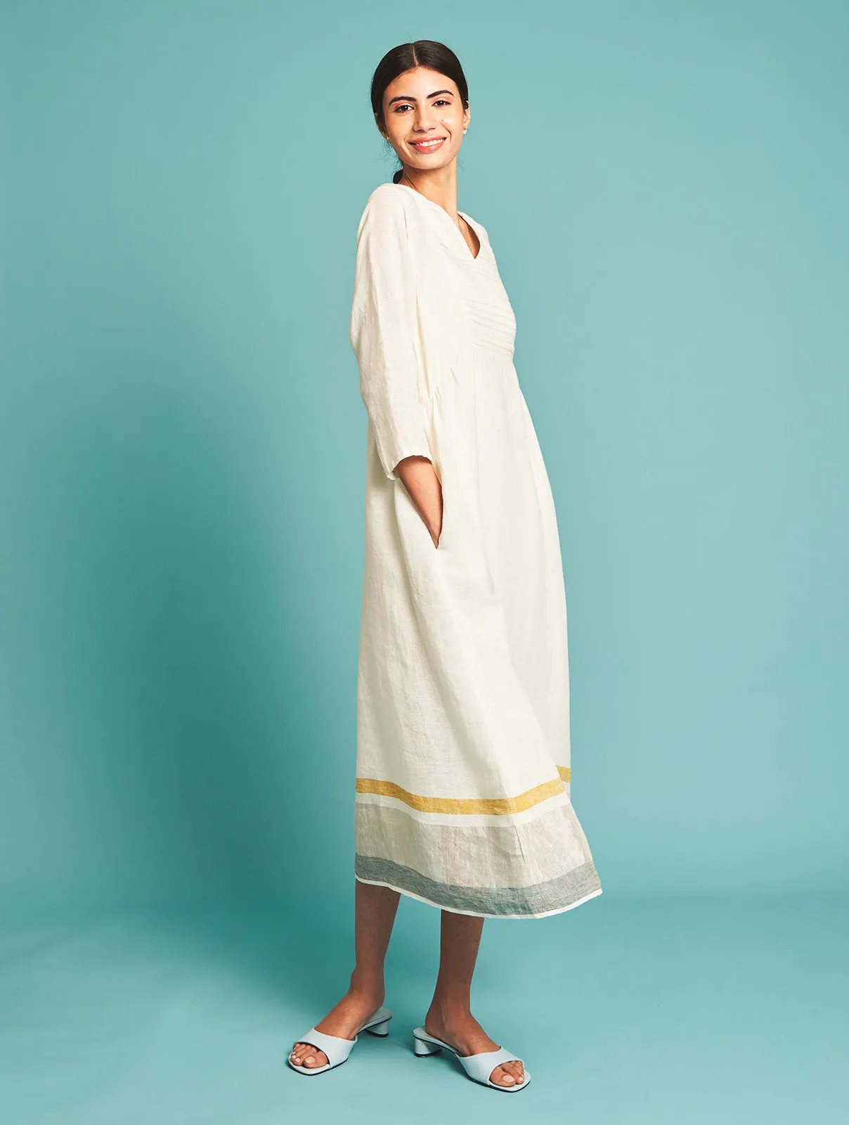 Manan   I   Ren Pintucked Linen Dress - Ivory   Border Collection