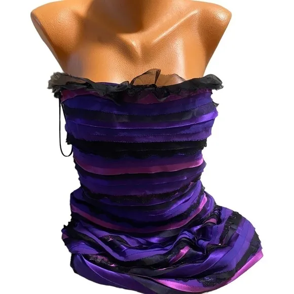 MARC BOUWER Glamit! 6 Purple Blue 100% Silk Dress Ruffle Strapless Y2K Mobwife