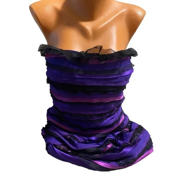 MARC BOUWER Glamit! 6 Purple Blue 100% Silk Dress Ruffle Strapless Y2K Mobwife