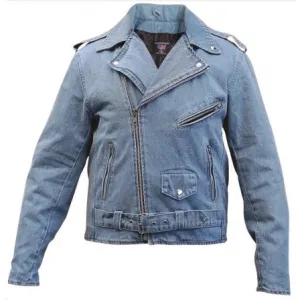 Mens Blue Denim Silver Hardware Motorcycle Jacket