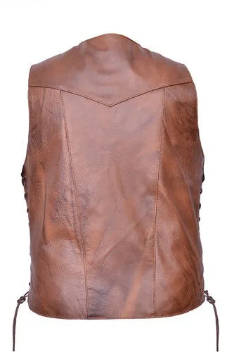 Mens Premium Cafe Brown Leather 10 Pockets Motorcycle Vest