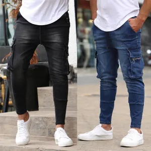 Men's Skinny Denim Jeans with Zippered Cargo pockets