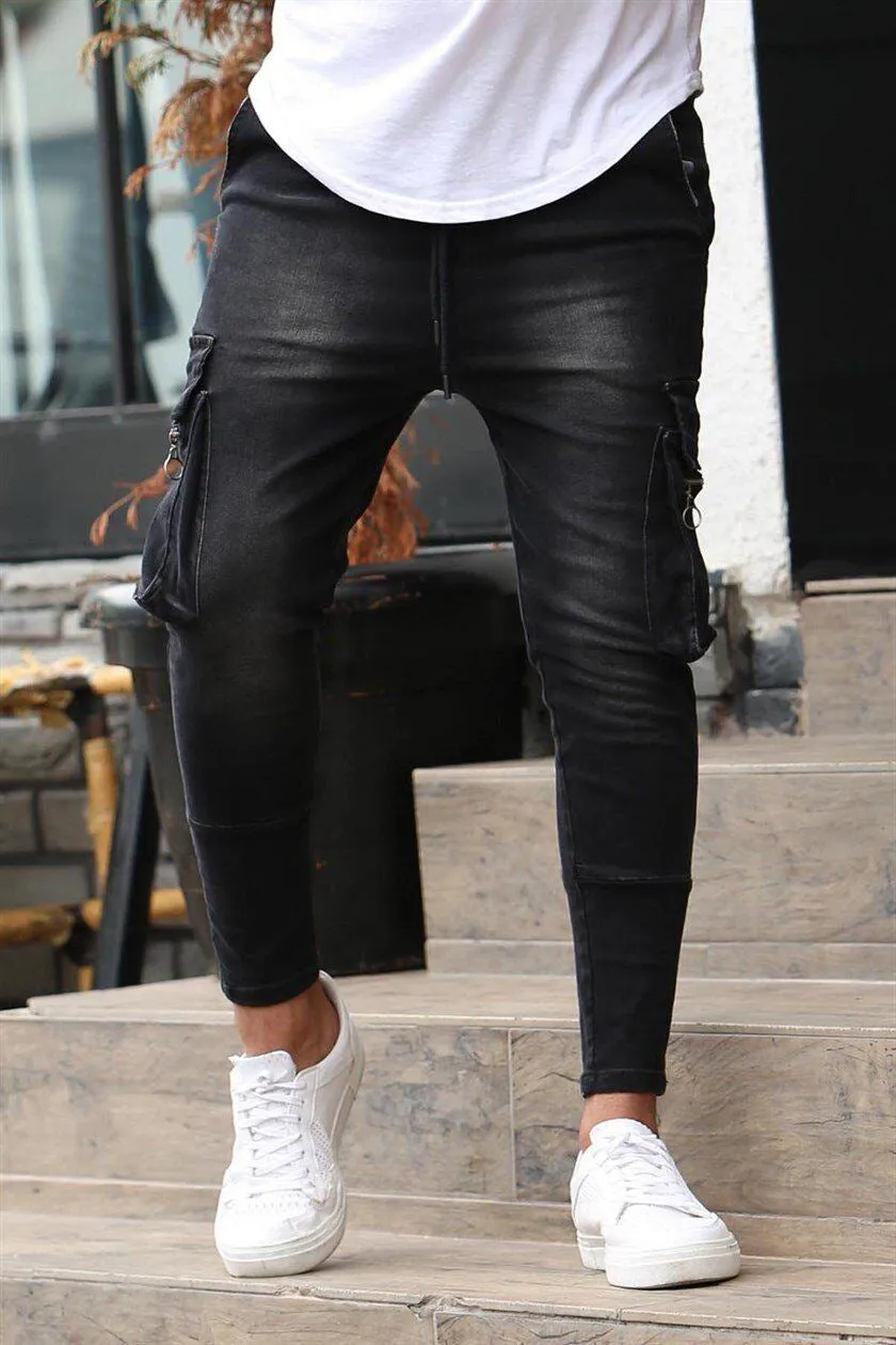 Men's Skinny Denim Jeans with Zippered Cargo pockets