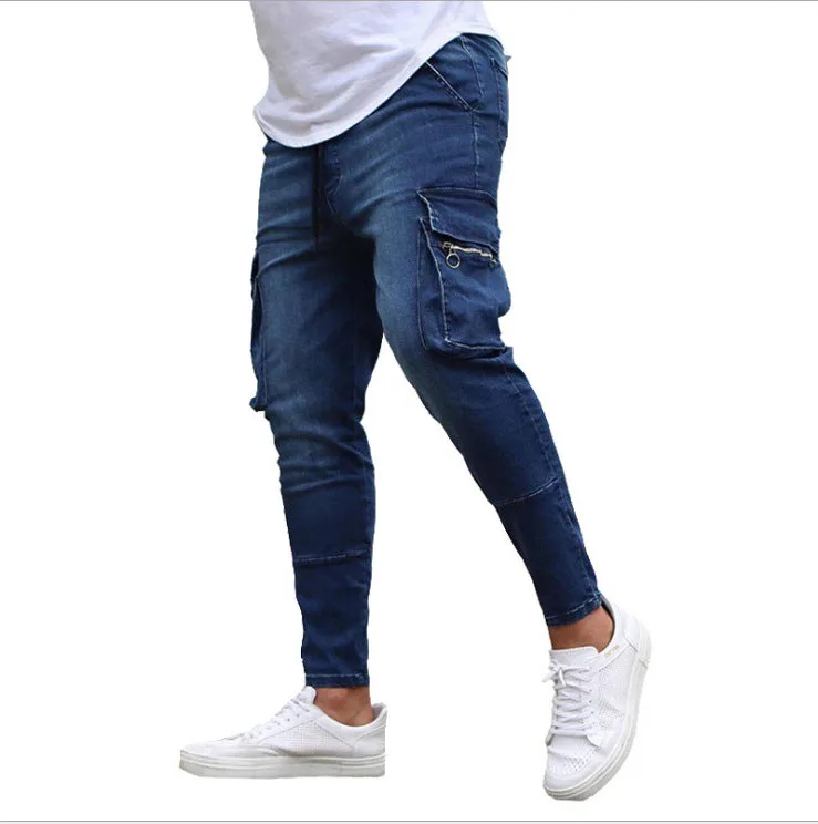 Men's Skinny Denim Jeans with Zippered Cargo pockets