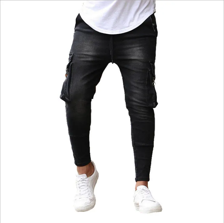 Men's Skinny Denim Jeans with Zippered Cargo pockets