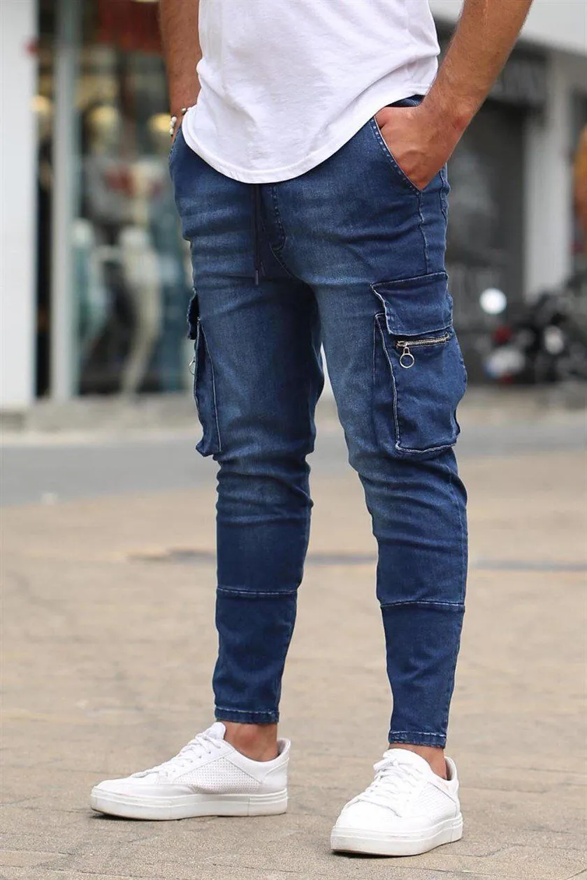 Men's Skinny Denim Jeans with Zippered Cargo pockets