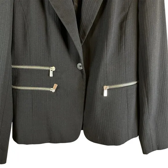Michael Kors Wool Blend Black Strip Blazer with Zippered Pockets Woman's Size 12